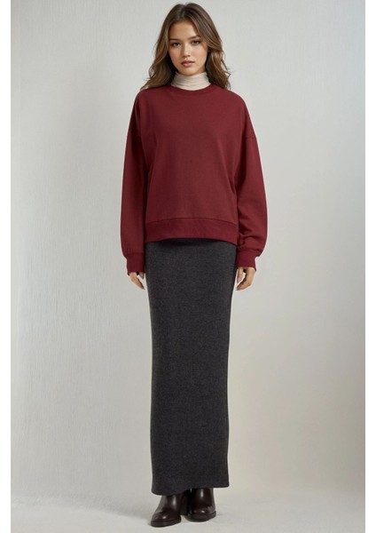 Kadın Elastik Bel Yumuşak Dokulu Yırtmaçlı Etek Koyu Gri