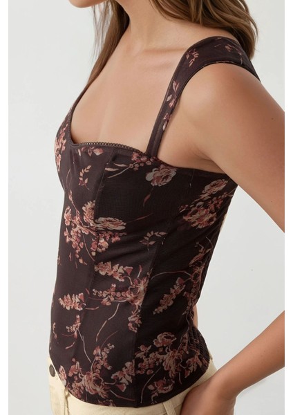 Kadın Kalp Yaka Arkası Gipeli Askılı Tül Bluz Mocha Kahvesi