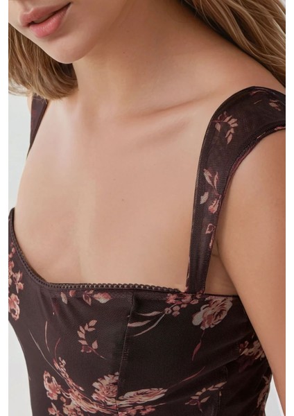 Kadın Kalp Yaka Arkası Gipeli Askılı Tül Bluz Mocha Kahvesi