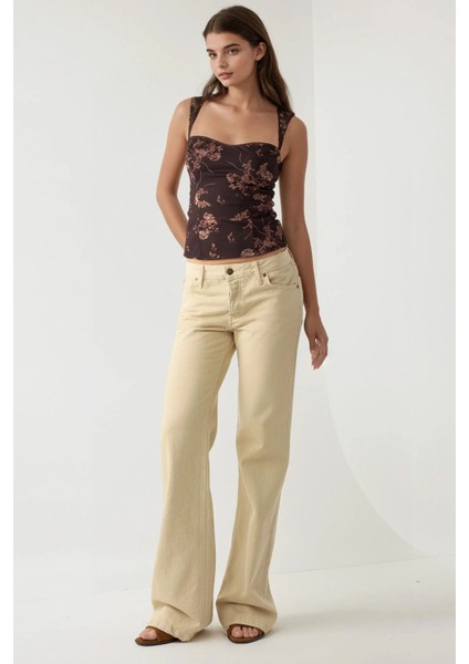 Kadın Kalp Yaka Arkası Gipeli Askılı Tül Bluz Mocha Kahvesi