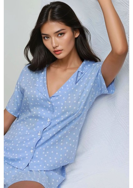 Kadın Baskılı Gömlek Yaka Pijama Takımı Buz Mavisi