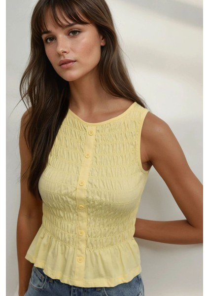 Kadın Dokulu Yuvarlak Yaka Esnek Üst Yellow indirimleri