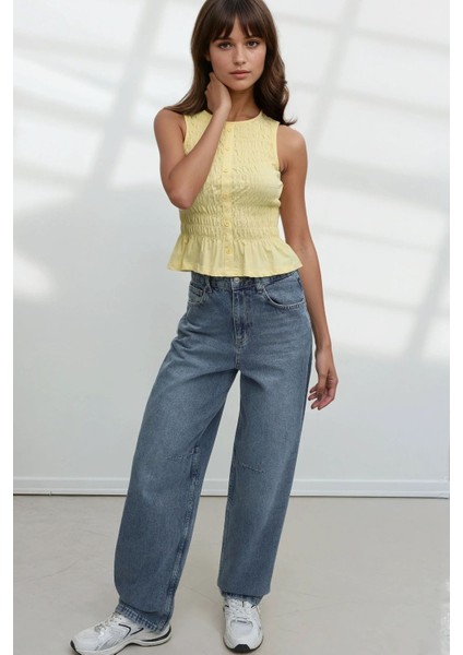 Kadın Dokulu Yuvarlak Yaka Esnek Üst Yellow