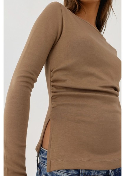 Kadın Büzgülü Uzun Kollu Üst Natural