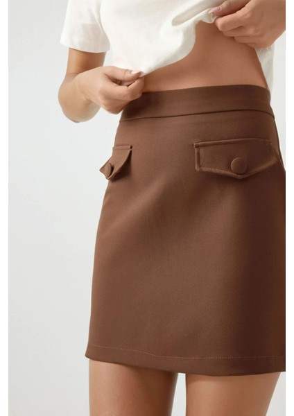 Kadın Pika Collection Cep Detaylı Mini Etek Kestane Kahvesi