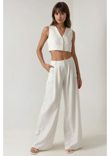 Kadın Pika Collection Fitted Striped Crop Yelek White