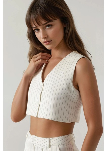 Kadın Pika Collection Fitted Striped Crop Yelek White