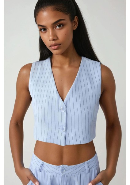 Kadın Pika Collection Fitted Striped Crop Yelek Bebek Mavisi