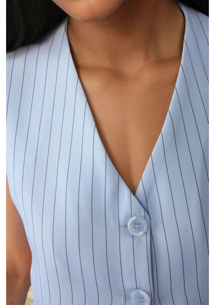 Kadın Pika Collection Fitted Striped Crop Yelek Bebek Mavisi