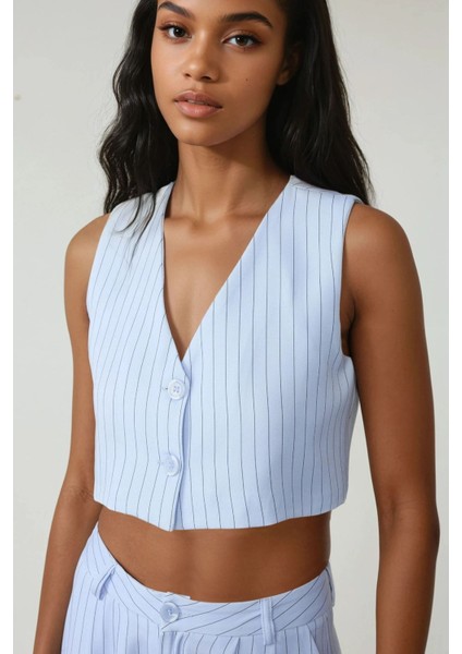 Kadın Pika Collection Fitted Striped Crop Yelek Bebek Mavisi