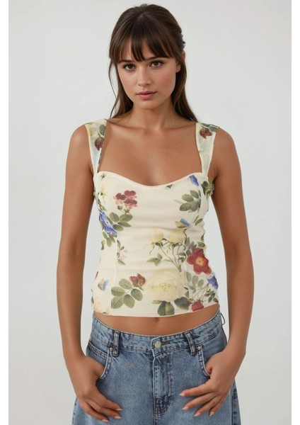 Kadın Kalp Yaka Arkası Gipeli Askılı Tül Bluz Çok Renkli