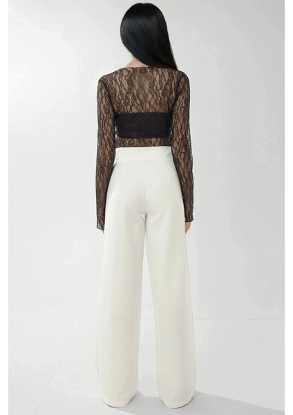 Kadın Yüksek Bel Geniş Paça Pileli Palazzo Pantolon Beyaz