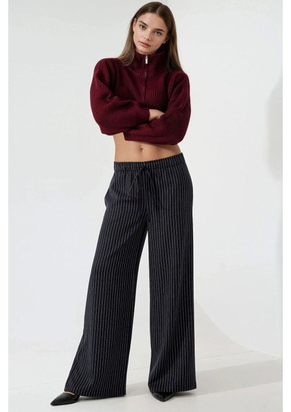 Kadın Çizgili Geniş Paça Pantolon Blue