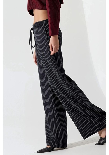 Kadın Çizgili Geniş Paça Pantolon Blue