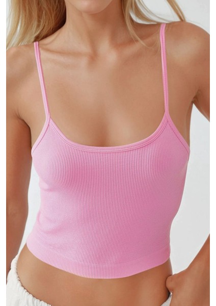 Kadın Fitted Crew Yaka Basic Tank Top Pink