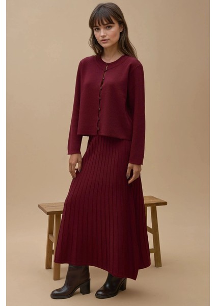Kadın Düğmeli Hırka ve Kloş Etekli Triko Takım Bordo Kırmızı