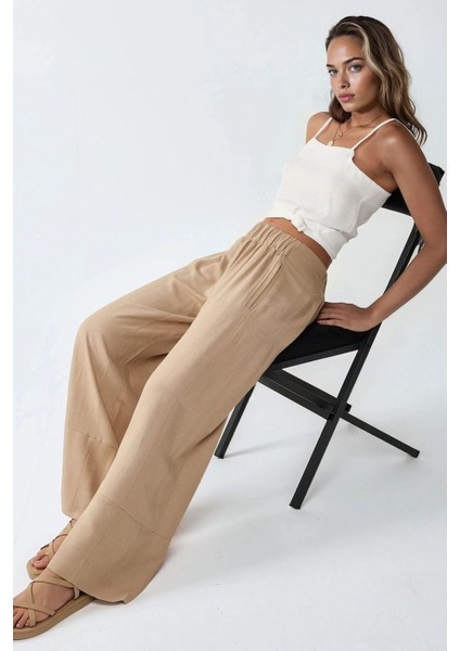 Kadın Geniş Paça Lastikli Pantolon Natural