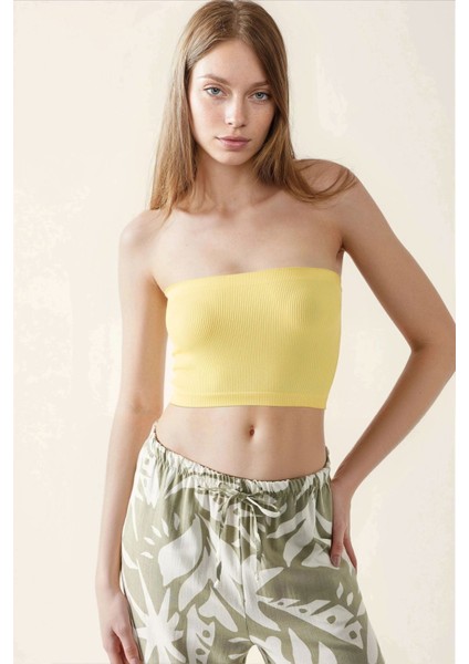 Kadın Slim Fit Straplez Kısa Üst Yellow fırsatları