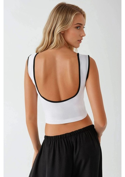 Kadın Fitted Crew Yaka Kontrast Tank Top Busem Collection White