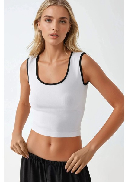 Kadın Fitted Crew Yaka Kontrast Tank Top Busem Collection White