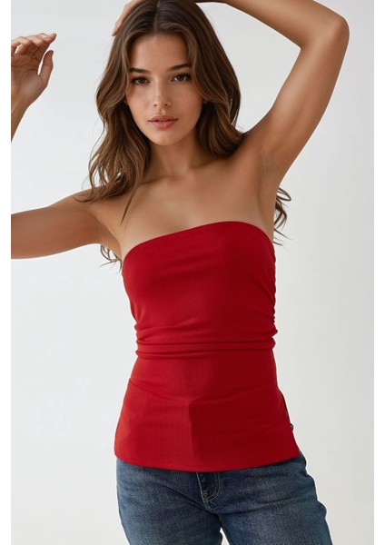 Kadın Straplez Drape Detaylı Üst Red