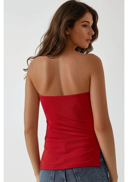 Kadın Straplez Drape Detaylı Üst Red