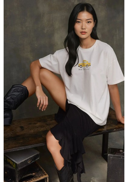 Kadın Kadın %100 Pamuk Bisiklet Yaka Oversize Beyaz Baskılı T-Shirt Limon Sarısı