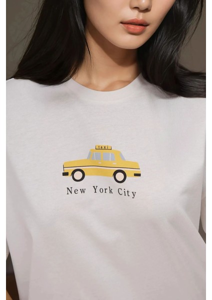 Kadın Kadın %100 Pamuk Bisiklet Yaka Oversize Beyaz Baskılı T-Shirt Limon Sarısı