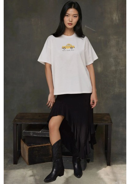 Kadın Kadın %100 Pamuk Bisiklet Yaka Oversize Beyaz Baskılı T-Shirt Limon Sarısı