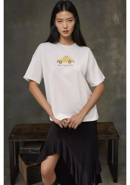 Kadın Kadın %100 Pamuk Bisiklet Yaka Oversize Beyaz Baskılı T-Shirt Limon Sarısı