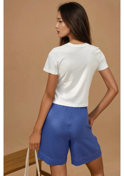 Kadın Baskı Detaylı Regular Fit Bisiklet Yakalı %100 Pamuklu Crop T-shirt Red