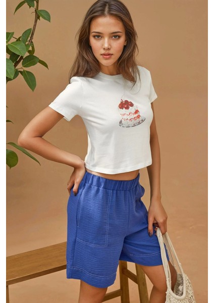 Kadın Baskı Detaylı Regular Fit Bisiklet Yakalı %100 Pamuklu Crop T-shirt Red