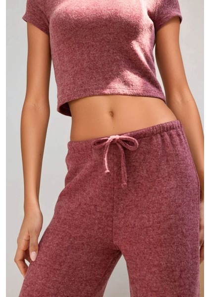 Kadın Bağcıklı Yumuşak Dokulu Örme Pantolon Bordo Kırmızı