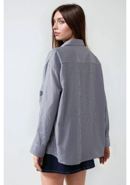 Kadın Oversize Çizgili Gömlek Blue