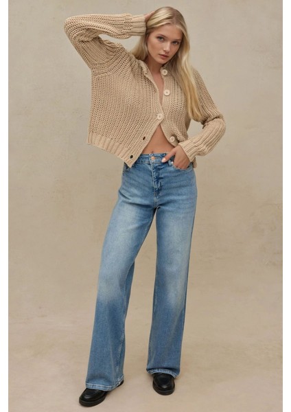 Kadın Geniş Paça Esnek Kot Pantolon Orta Mavi Denim