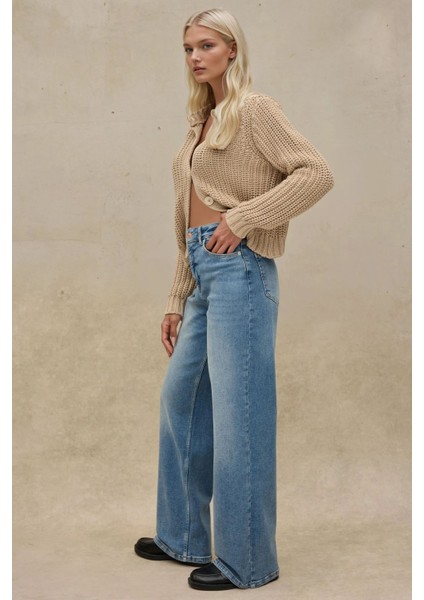 Kadın Geniş Paça Esnek Kot Pantolon Orta Mavi Denim