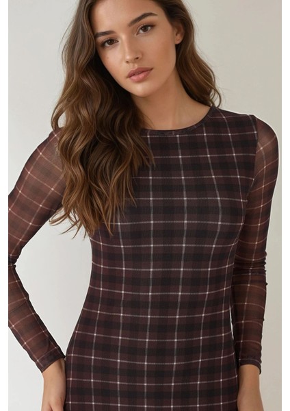 Kadın Ekose Desenli Vücuda Oturan Midi Elbise Brown