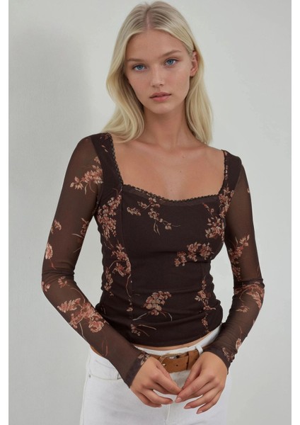 Kadın Kalp Yaka Baskılı Uzun Kollu Üst Mocha Kahvesi