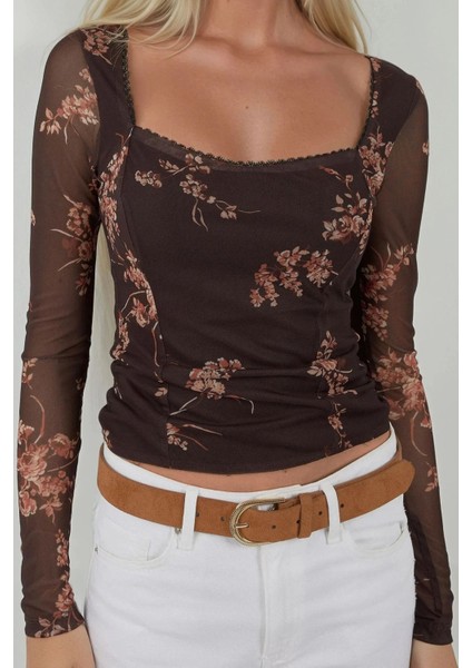 Kadın Kalp Yaka Baskılı Uzun Kollu Üst Mocha Kahvesi