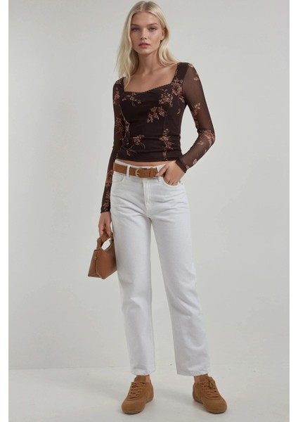 Kadın Kalp Yaka Baskılı Uzun Kollu Üst Mocha Kahvesi