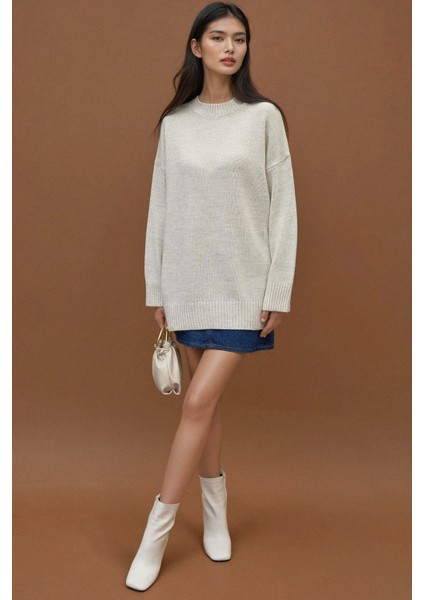 Kadın Kalın Bisiklet Yaka Uzun Kalçayı Kapatan Kazak Natural