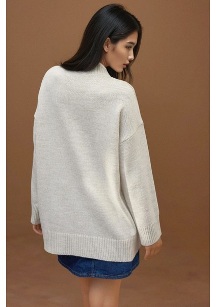 Kadın Kalın Bisiklet Yaka Uzun Kalçayı Kapatan Kazak Natural