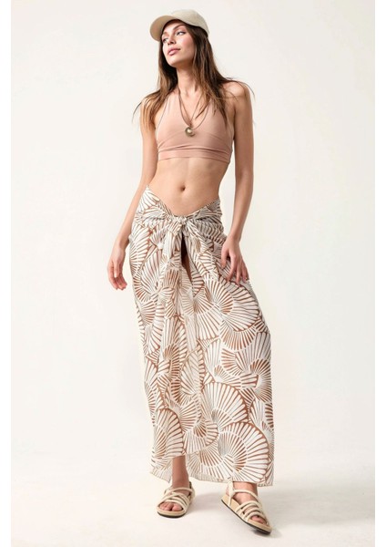 Kadın Desenli Maxi Pareo Bej Doğal