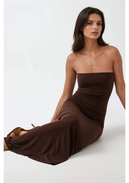 Kadın Basic Straplez Midi Elbise Mocha Kahvesi