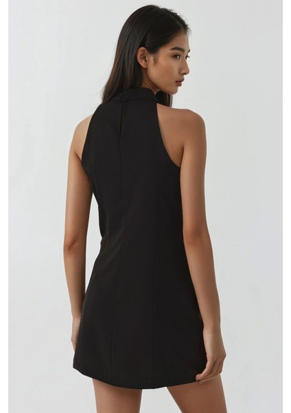 Kadın Degaje Yakalı Drape Detaylı Mini Elbise Siyah