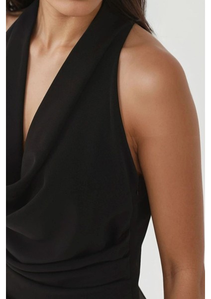Kadın Degaje Yakalı Drape Detaylı Mini Elbise Siyah