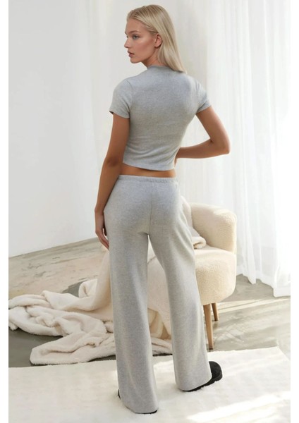 Kadın Bağcıklı Yumuşak Dokulu Örme Pantolon Açık Gri