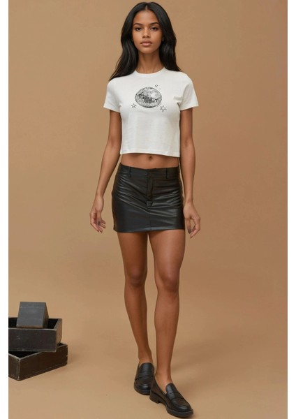 Kadın Baskı Detaylı Regular Fit Bisiklet Yakalı %100 Pamuklu Crop T-shirt Gümüş Gri