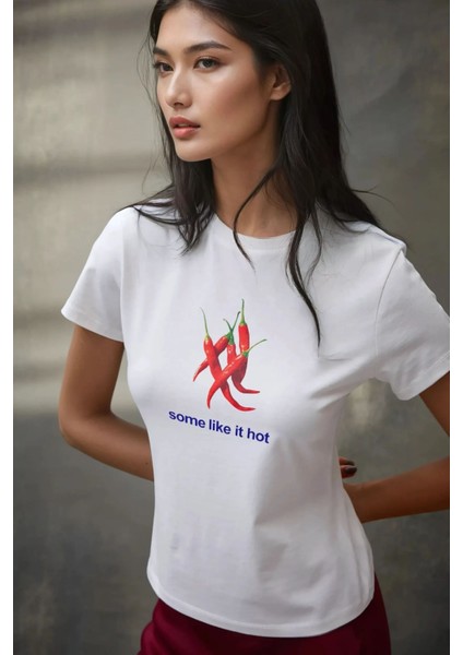 Kadın Kadın Bisiklet Yaka Kısa Kollu Önü Baskılı Pamuklu T-Shirt White