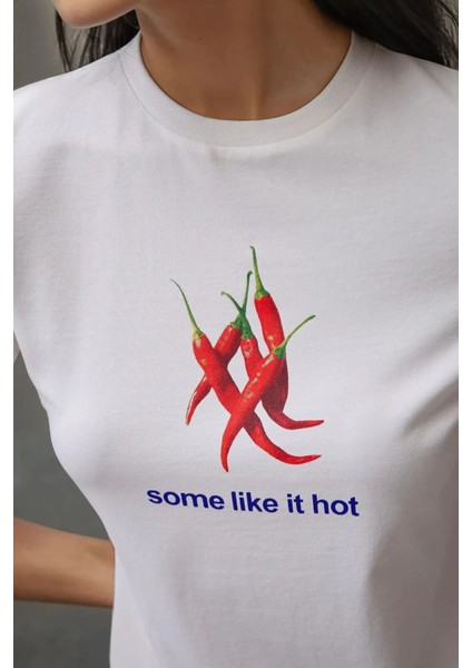 Kadın Kadın Bisiklet Yaka Kısa Kollu Önü Baskılı Pamuklu T-Shirt White